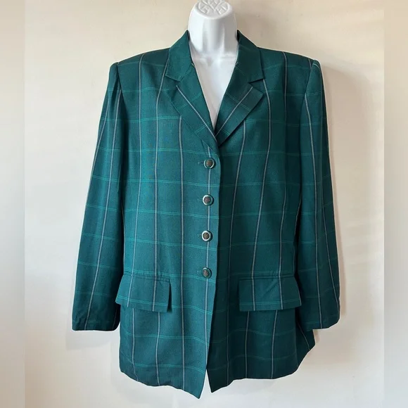 Teal Green Vintage Plaid Blazer By KASPER for ASL Size 14